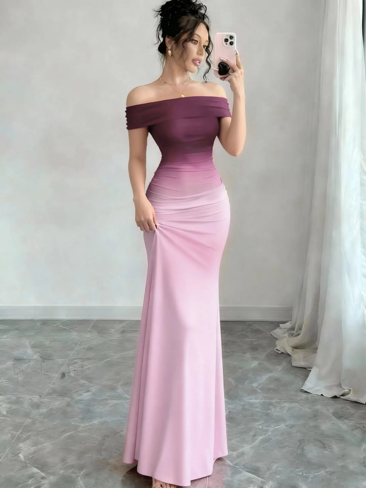 2026 New Stylish Short-Sleeve Ombré Off-Shoulder Bodycon Maxi Dress Elegance Evening