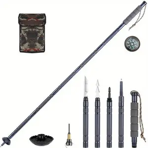 7-in-1 Tactical Trekking Stick - Retractable Folding Multi-Function, Compass, Tinder, Saw Blade, Screwdriver - Premium Outdoor Survival Gear for Hiking.Travel Accessories Camping Supplies camp walking Multifunctional Shovel pole tent rhino  Foldable
