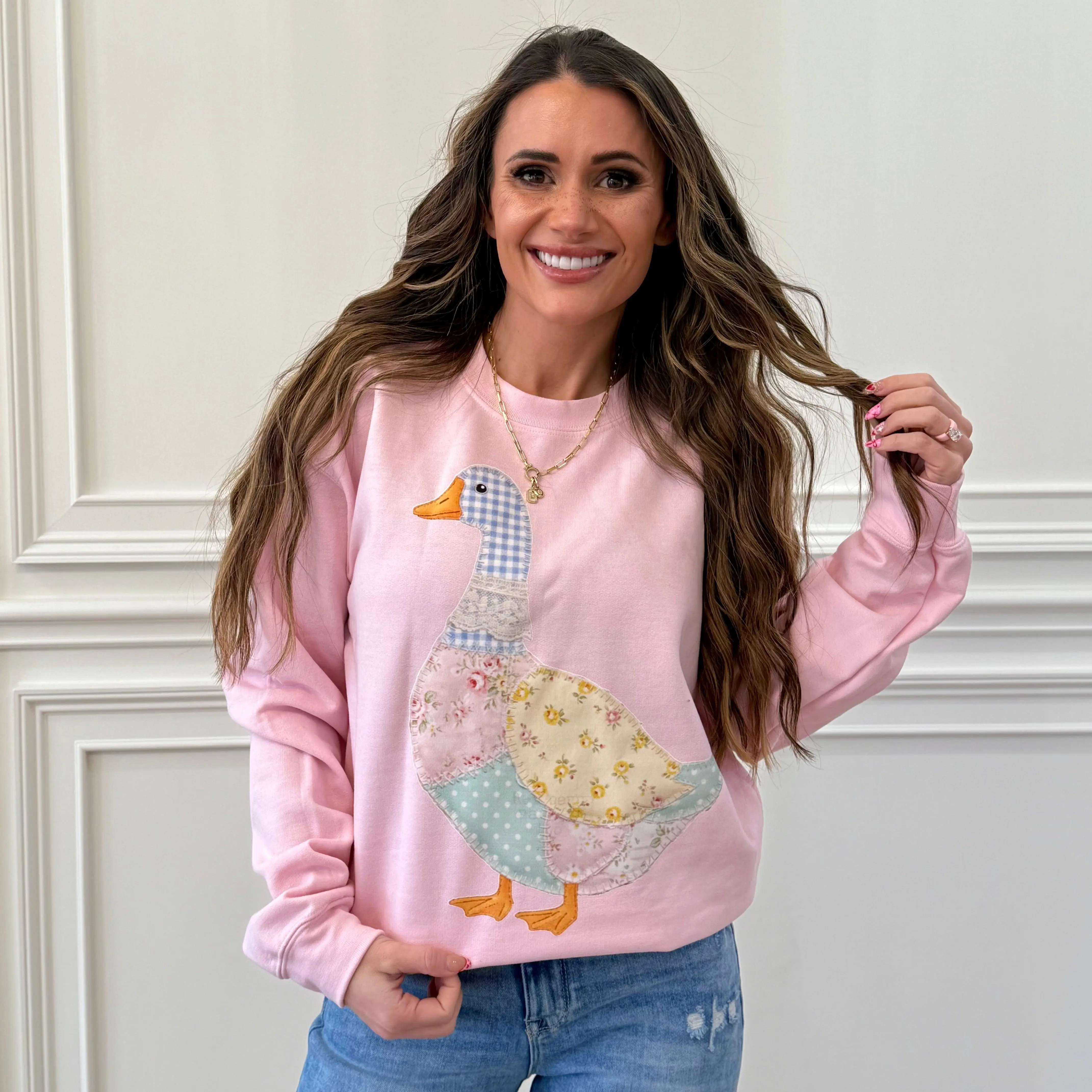Faux Pastel Quilted Goose, DTF Print, Thrifted Vintage Style Goose Sweatshirt (NOT Real Fabric Patches)