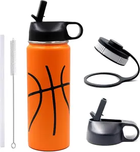 18 oz Basketball Water Bottle, Sports Flask Metal Travel Tumbler with 2 Lids, Stainless Steel Double Wall Vacuum Insulated Thermo Water Bottles, Basketball Accessories Stuff Gifts for Mom Boys Girls