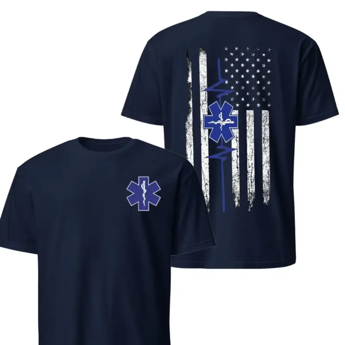 EMS Paramedic Star of Life American Flag T-Shirt, Distressed EMT Heartbeat Graphic Tee, Soft Cotton First Responder Apparel for Men & Women, Proud Medical Professional Gift