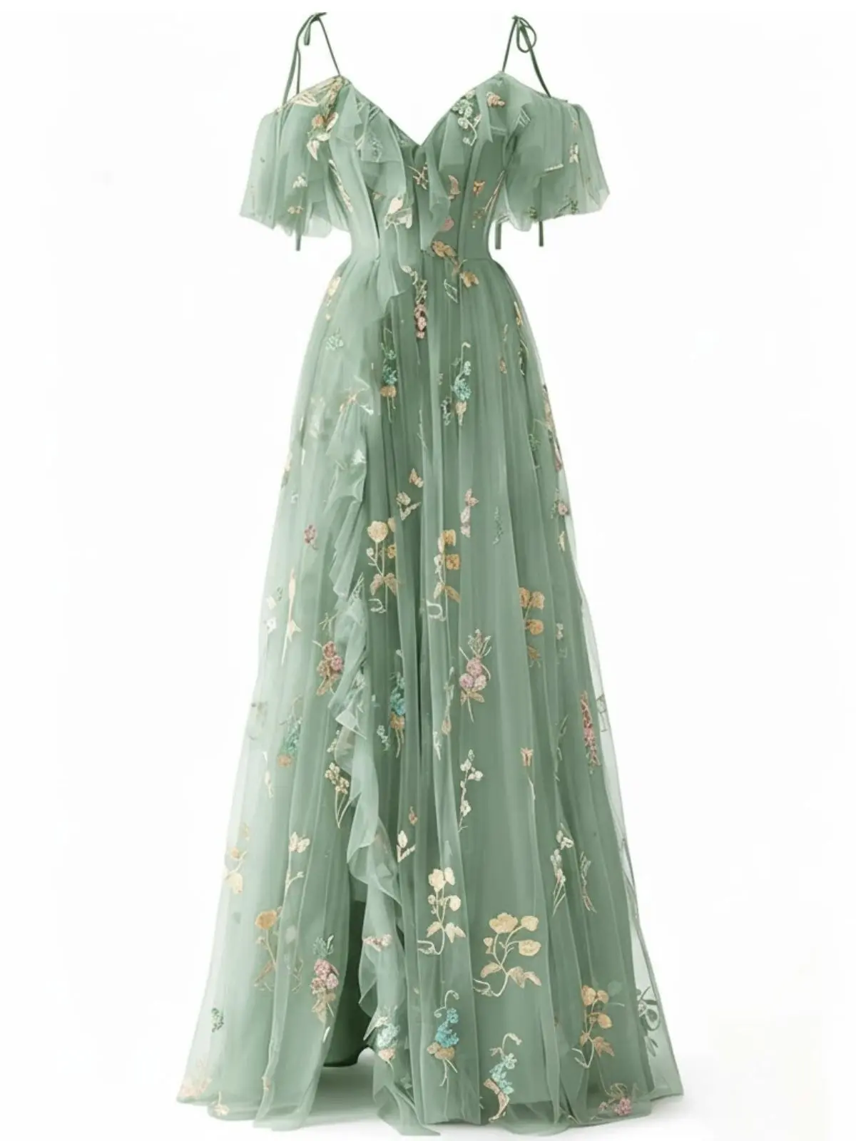 Green 1970s Slip Floral Embroidered Mesh Slit Dress Homecoming Dress Party Prom Dress tiktokshopbacktoschool Wedding Guest Dress Fall Wedding Guest Outfit BackToSchool Sohochic Fall Dresses Fall outfits Fall fashion