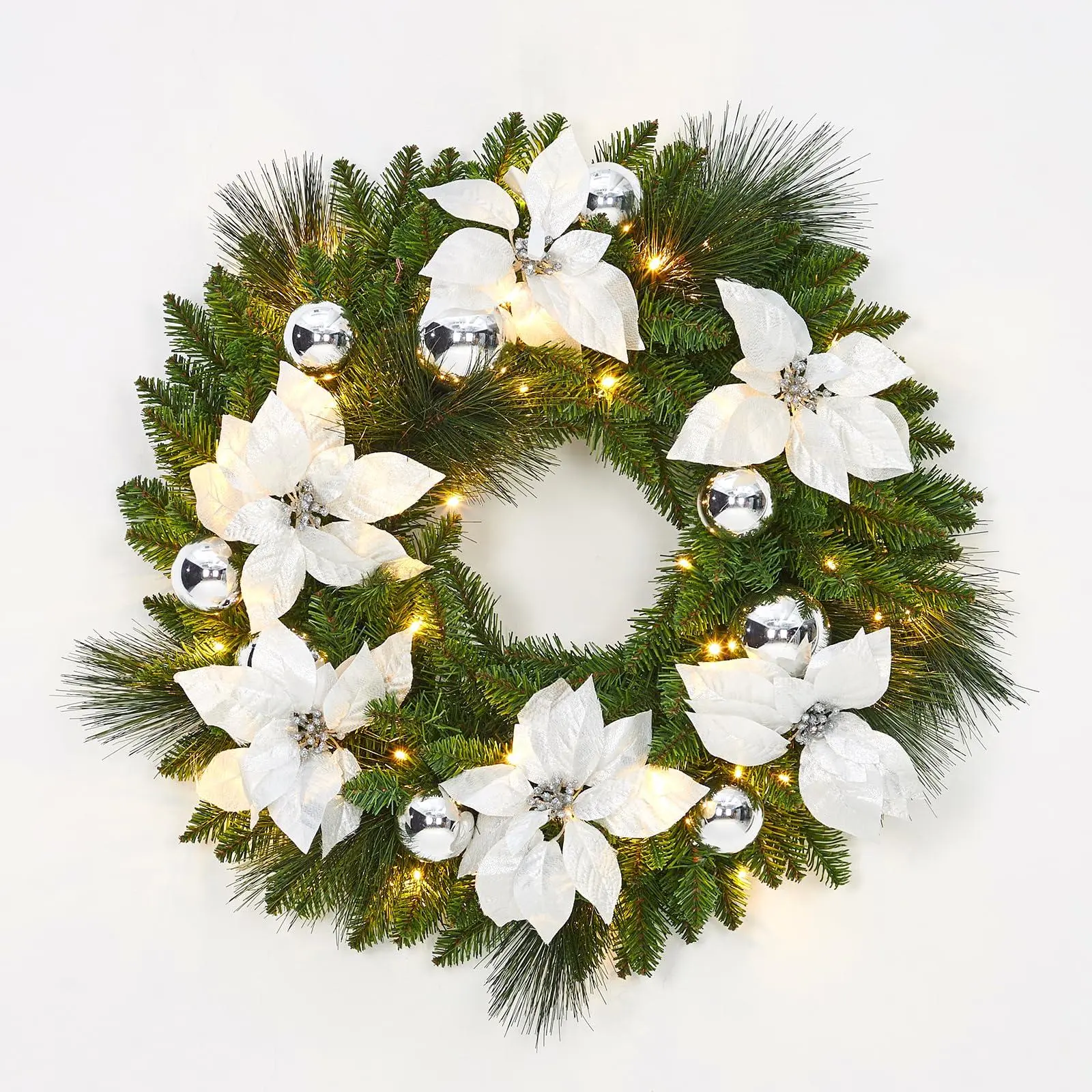 GARVEE 24" Pre-Lit Traditional Christmas Wreath - Lighted Cypress Leaf, Ornament & Ball Floral Decor for Front Door, Window, Indoor/Outdoor Holiday Accent (Silver)