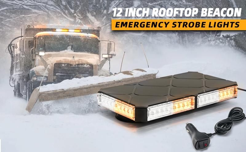 DIBMS 12 Inch Roof Top Beacon Emergency Strobe Lights w/Magnetic Base, Mini LED Warning Traffic Hazard Caution Light Bar for Construction Work Trucks Towing Vehicles Snow Plow Amber/White Emergency Rooftop Strobe Lights Bar
