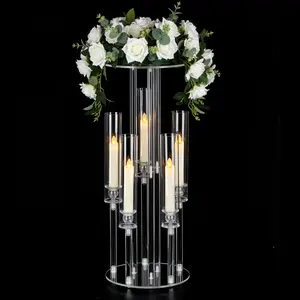 5Arm Clear Acrylic Candelabra Centerpieces For Tables ,23.6inch Floor Candlesticks Holder With Removable Lampshade ,Acrylic Candle Holder For Event Celebration Wedding Birthday Home Decor