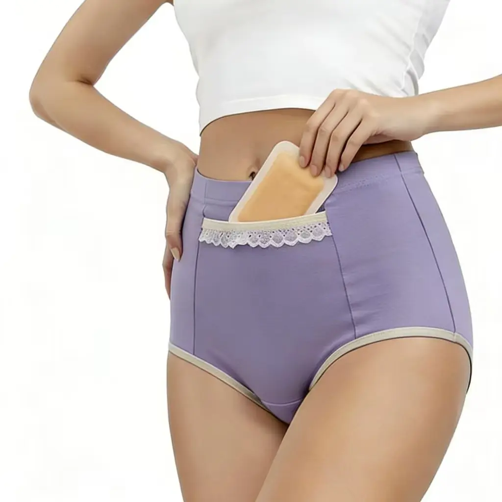 Leak Proof Lace Period Panties for Women, Seamless Menstrual Underwear with Hidden Pocket for Heat Packs, Cramp Relief Reusable Protection, Plus Size Teen Girls Heavy Flow Briefs, Comfortable Lingerie