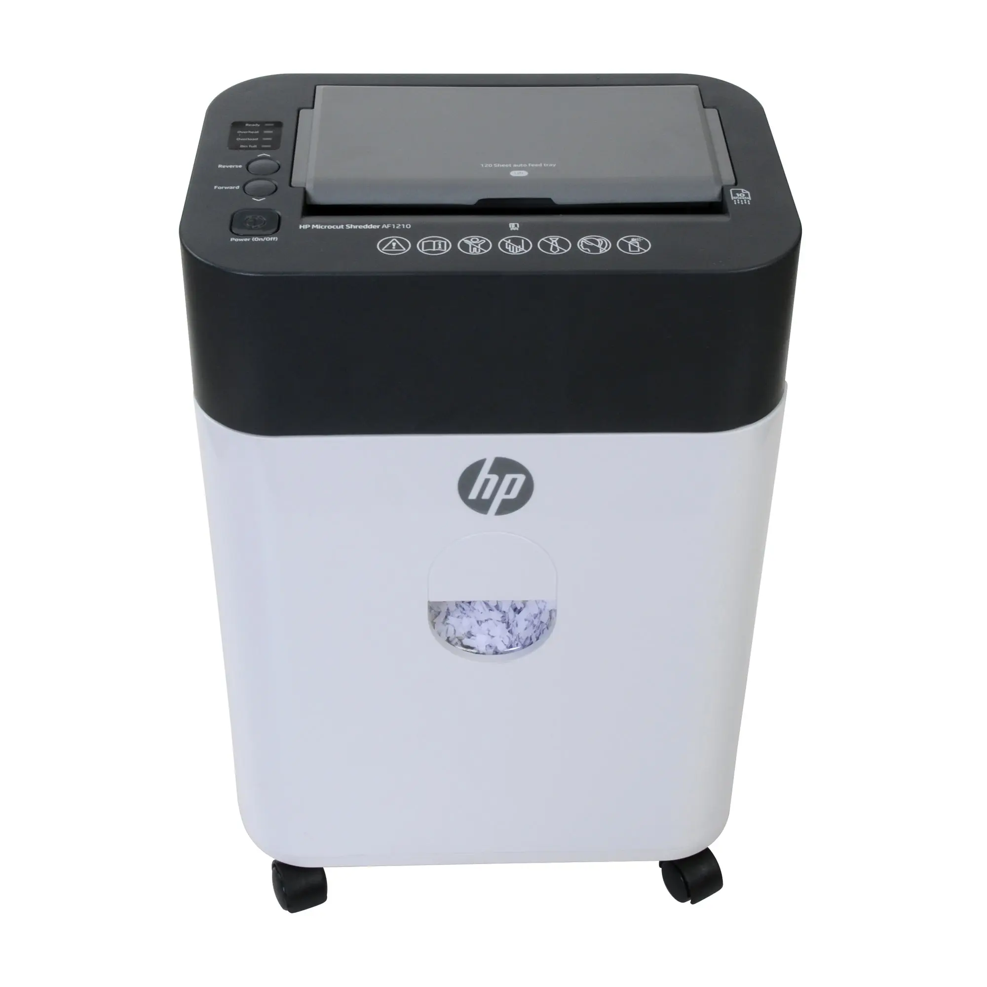 HP 120Sheet Auto Feed MicroCut Shredder - Paper and Credit Cards, 0.86hp Motor, 4.5Gallon Basket, Caster Wheels HP 120Sheet Auto Feed MicroCut Shredder - Paper and Credit Cards, 0.86hp Motor, 4.5Gallon Basket, Caster Wheels