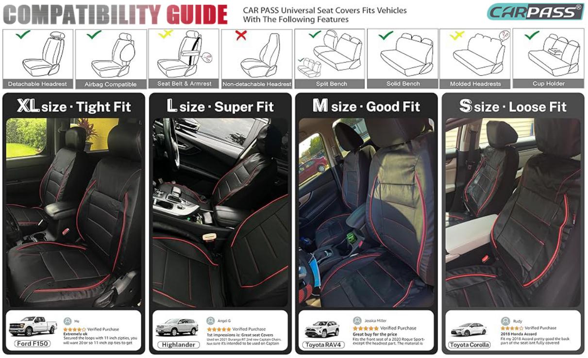 CAR PASS 2/5 seats Universal FIT Piping Leather Car Seat Cover, for suvs,Van,Trucks,Airbag Compatible,Inside Zipper Design and Reserved Opening Holes