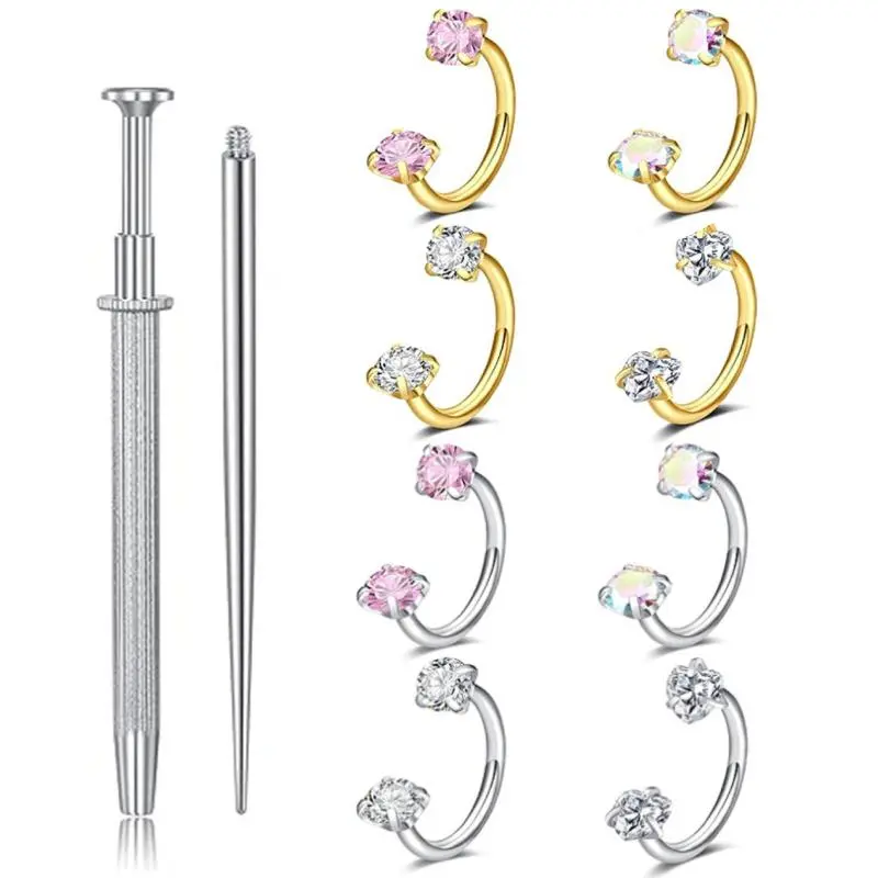 8 pieces of 316 stainless steel horseshoe shaped nose ring set, equipped with 2 tools, suitable for daily wear, beach parties, and music festivals for the nose, ears, and lips, Nose Piercing, 8+2 Pcs