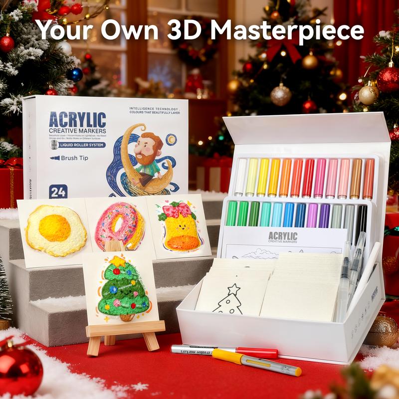 24-Color Acrylic Creative Markers with Brush Tip, Direct Ink Roller System, Layerable, No Bleed, Bold Marks on Light & Dark Surfaces for Drawing, Gifting & Teaching