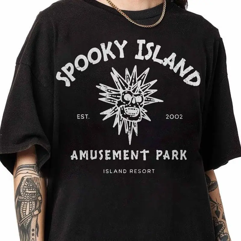 Spooky Island Disco Skull Graphic T-Shirt, Unisex 100% Cotton Casual Streetwear with a Seamless Round Neck, Halloween Nostalgia Gift, Fabric