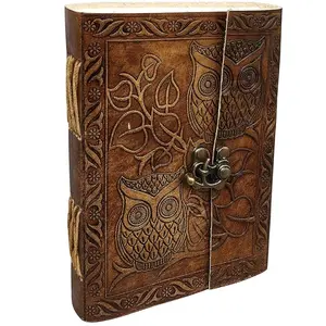 Vintage Owl Embossed Leather Journal with Lock Handmade Refillable Writing Diary  7 x 5 Inch 240 Pages