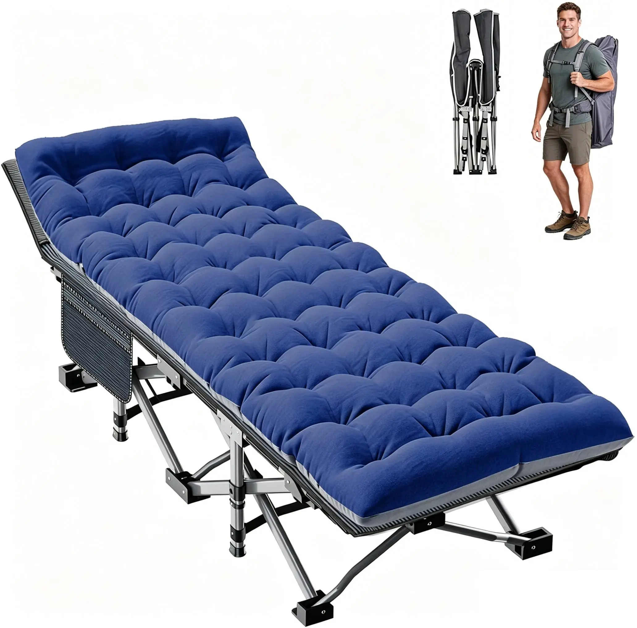Docred Unisex Camping Cot, Strong 1200D Oxford Outdoor Camping Bed, Portable Folding Travel Sleep Cot with Mat & Carry Bag, Detachable Soft Pad, Portable Cot