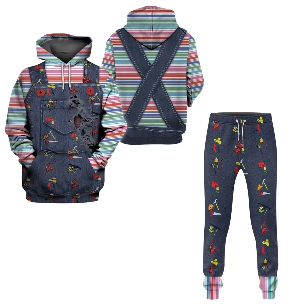 Chucky Hoodie and Sweatpants Set, Good Guy Doll Striped Overalls Halloween Horror Costume Design, Gift for Horror Movie Fans