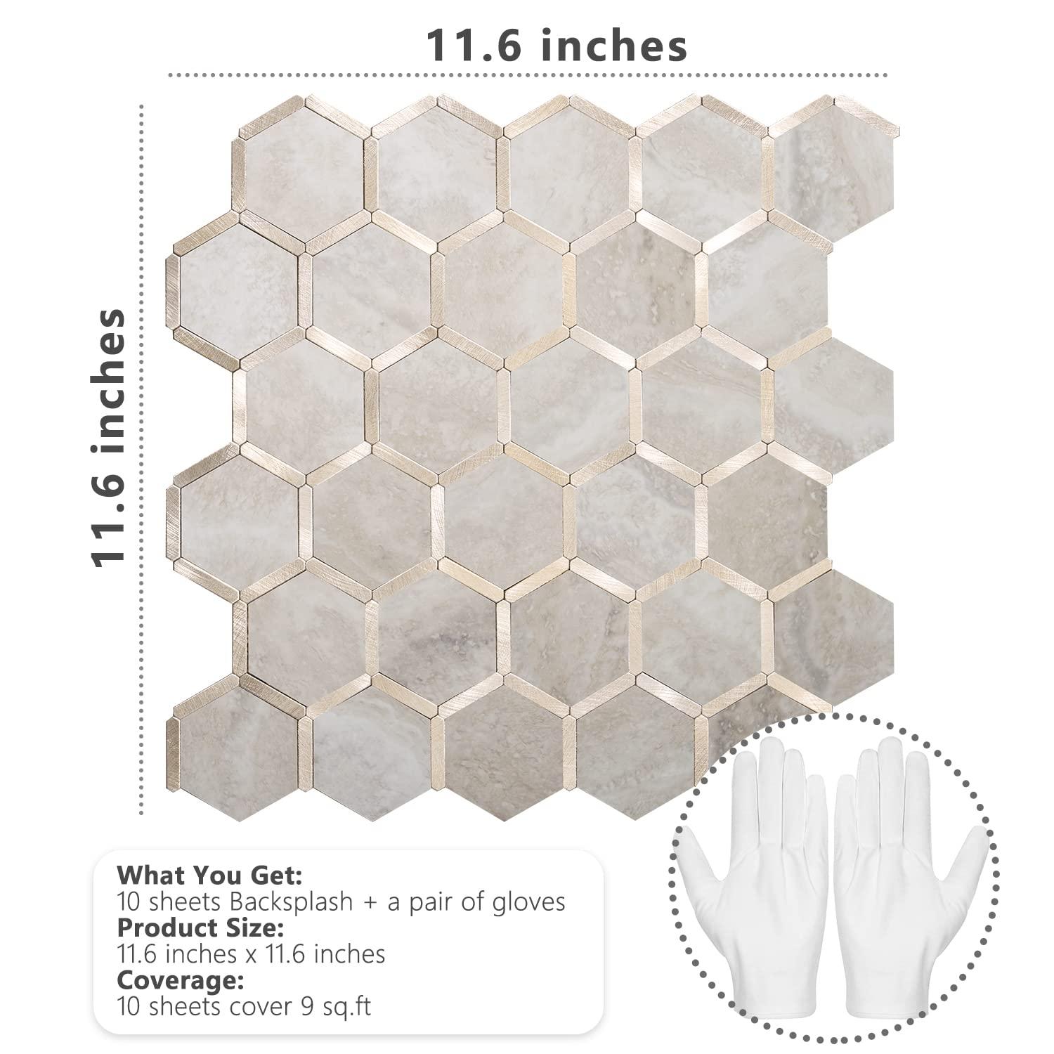 STICKGOO 10Pcs Hexagon Waterproof Metal Peel and Stick Backsplash, Stick on Backsplash for Kitchen/Bathroom Ornaments - Beige Decorating Decorative STICKGOO 10Pcs Hexagon Waterproof Metal Peel and Stick Backsplash, Stick on Backsplash for Kitchen/Bathroom Ornaments - Beige Decorating Decorative