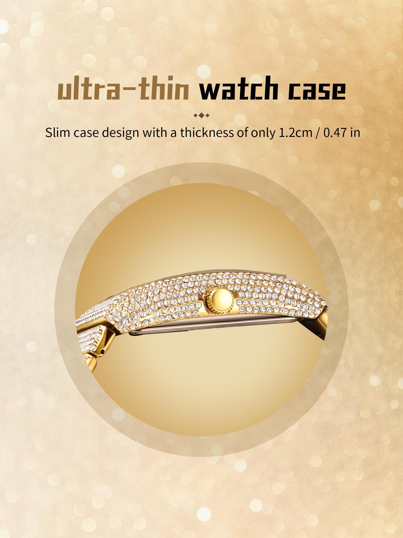 Unisex  Square Synthetic Cubic zirconia  Watch golden & Silver Iced Out Bling Waterproof Luminous Adjustable Perfect Gift for Him & Her LX1082G