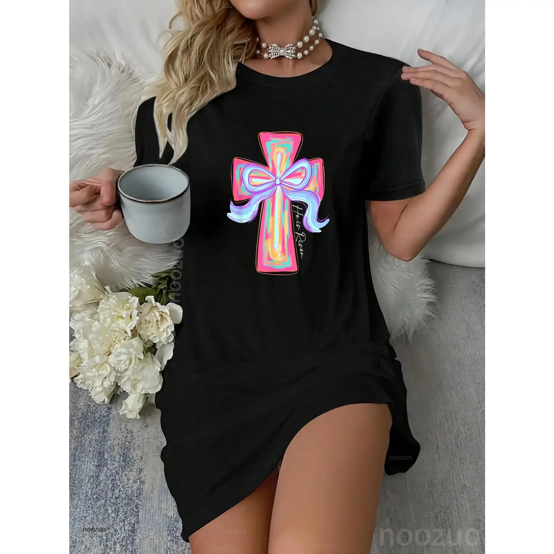 He Is Risen Jesus Christian Cross Coquette Bow Happy Easter Dress