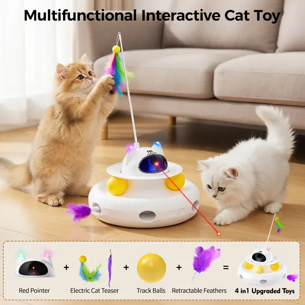 5-in-1 Interactive Cat Toy For Indoor Cats- Laser, Rotating Feather Teaser, Rolling Ball, Hide-and-Seek | Automatic Enrichment Cat Toy Gift