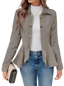 Cicy Bell Elegant Women's Herringbone Print Blazer Business Work Office Peplum Hem Jacket Open Front Coats Black