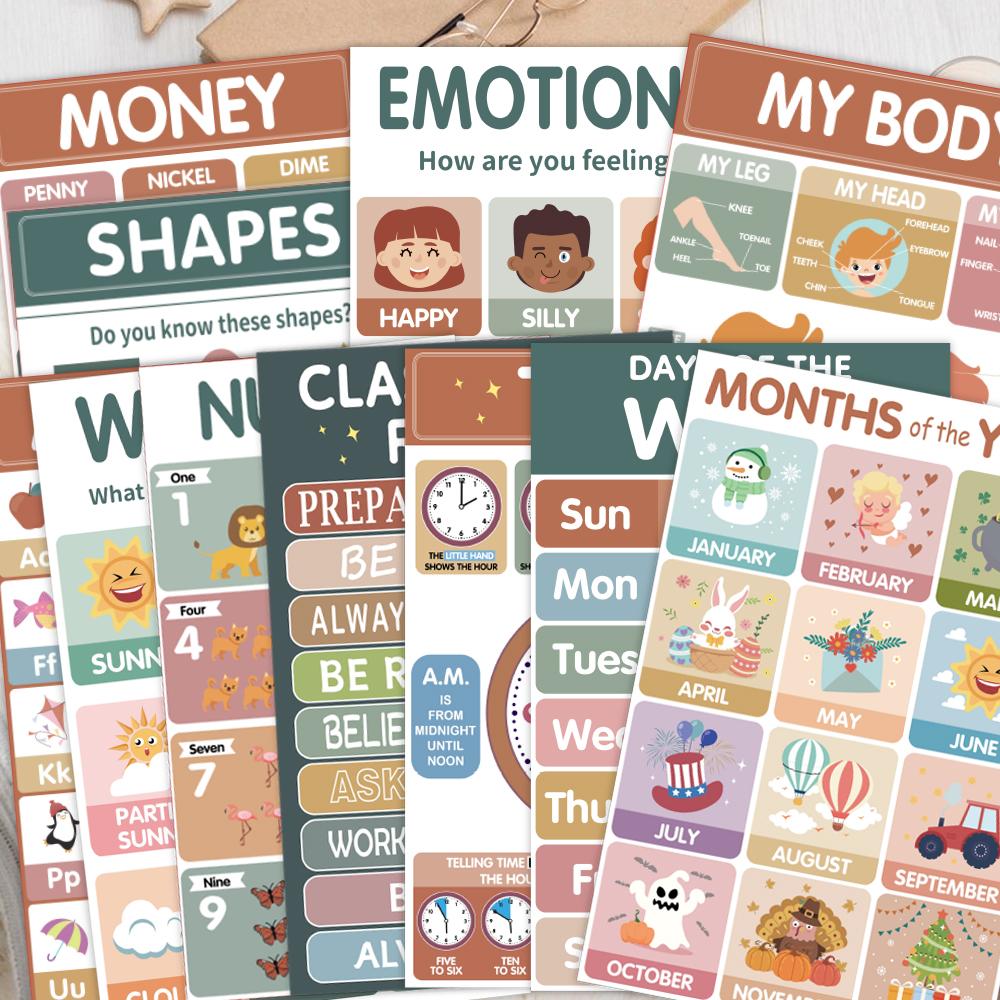 18 Modern Bohemian Educational Posters for Preschoolers Laminated Preschool and Kindergarten Learning Charts for Toddlers Homeschool Classroom Decorations for Children's Walls