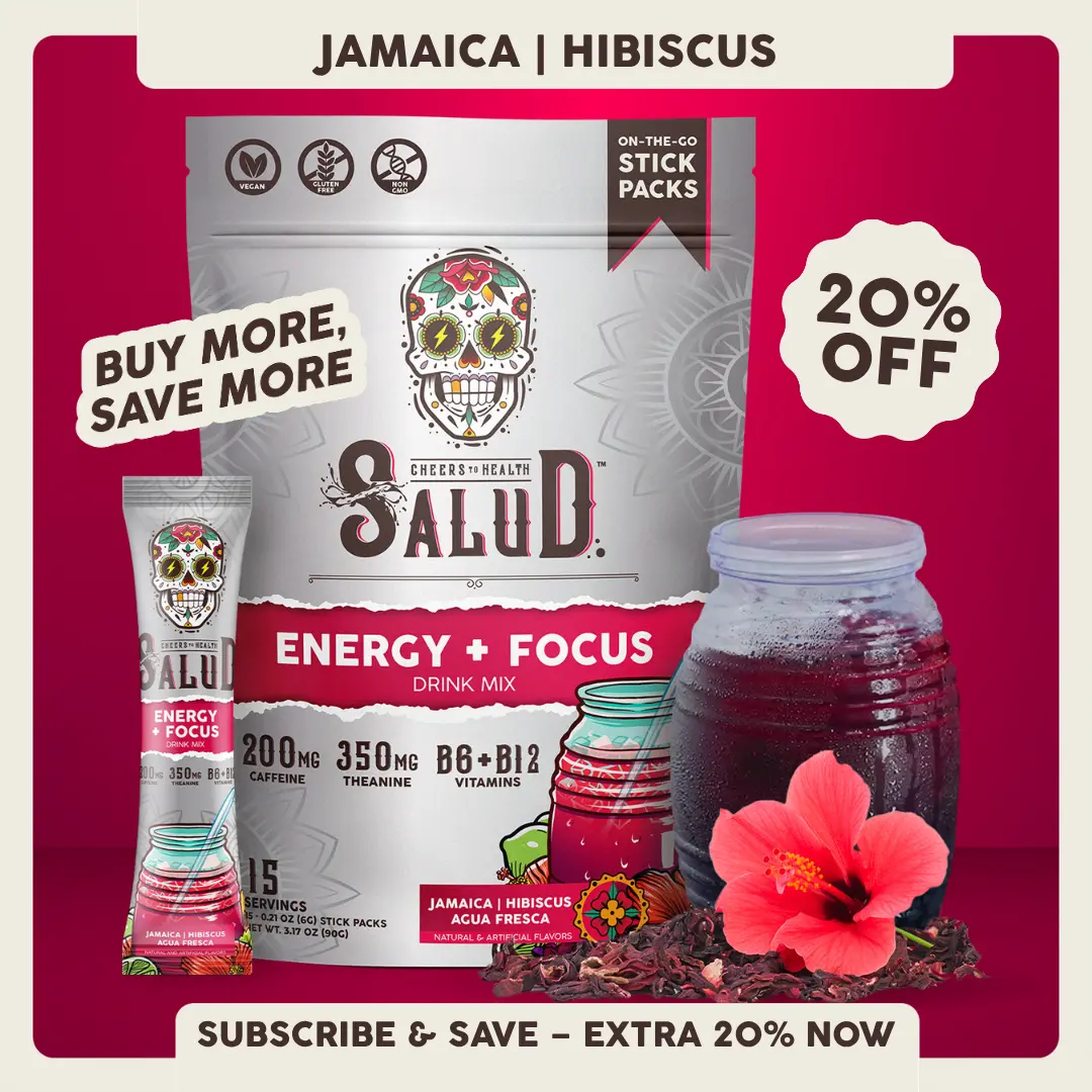Salud 2-in-1 [Energy + Focus - Jamaica | Hibiscus] Clean Energy Drink Mix, Agua Fresca, Organic Caffeine, B6 & B12, L-Theanine, Drink Packets, Non-GMO, Gluten Free, Vegan, Low Calorie, 1g Sugar (15 Servings)