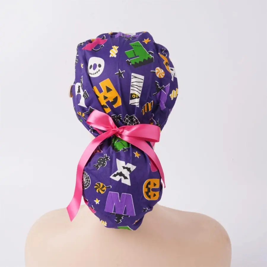 Purple Halloween Printed Ponytail Scrub Caps for Long Hair, Stretch Surgical Scrub Hat with Forehead Sweatband, Adjustable Vet/Nursing Cap