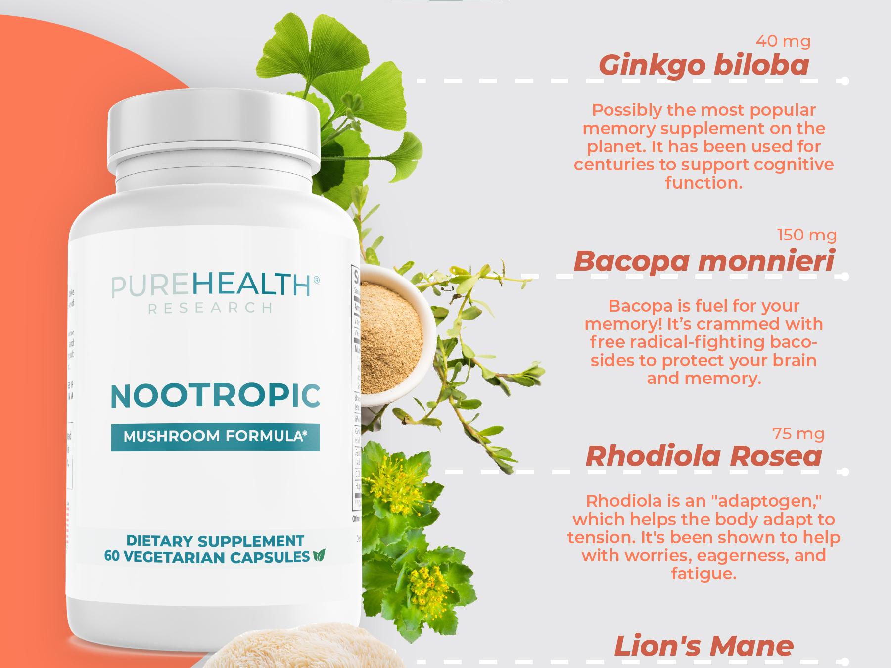 Nootropics Brain Memory and Focus Supplement by PUREHEALTH RESEARCH - Lions Mane, Shiitake, Chaga, Reishi Mushrooms Powder - Cognitive Health with Bacopa Monnieri and Gingko Biloba Extract, 1 Bottle Dietary Healthcare