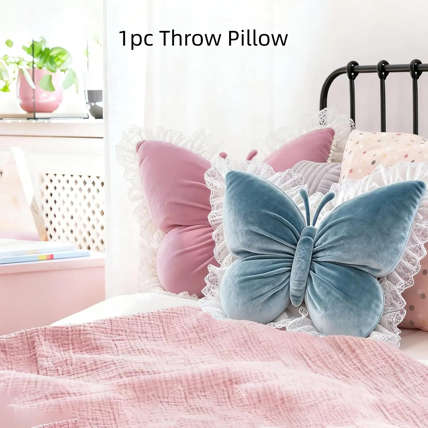 Lace Trim Detail Butterfly Plush Pillow Cushion, Cushions For Sofa, Charming Butterfly, Vintage American Country Style, Living Room Sofa Decoration, Home Decorations, Interior Decor, Retro Butterfly Design, Versatile Decor, Soft, Decorative