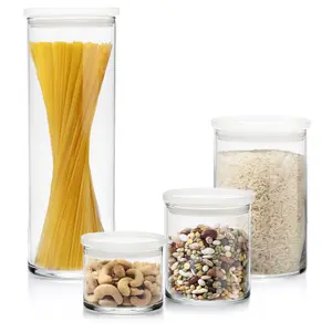 Libbey Stacking Cylinder Assorted Storage Jars, Stackable Glass Jars Set of 4, Airtight Plastic Lids, Dishwasher Safe Food Jars for Storing Dry Goods