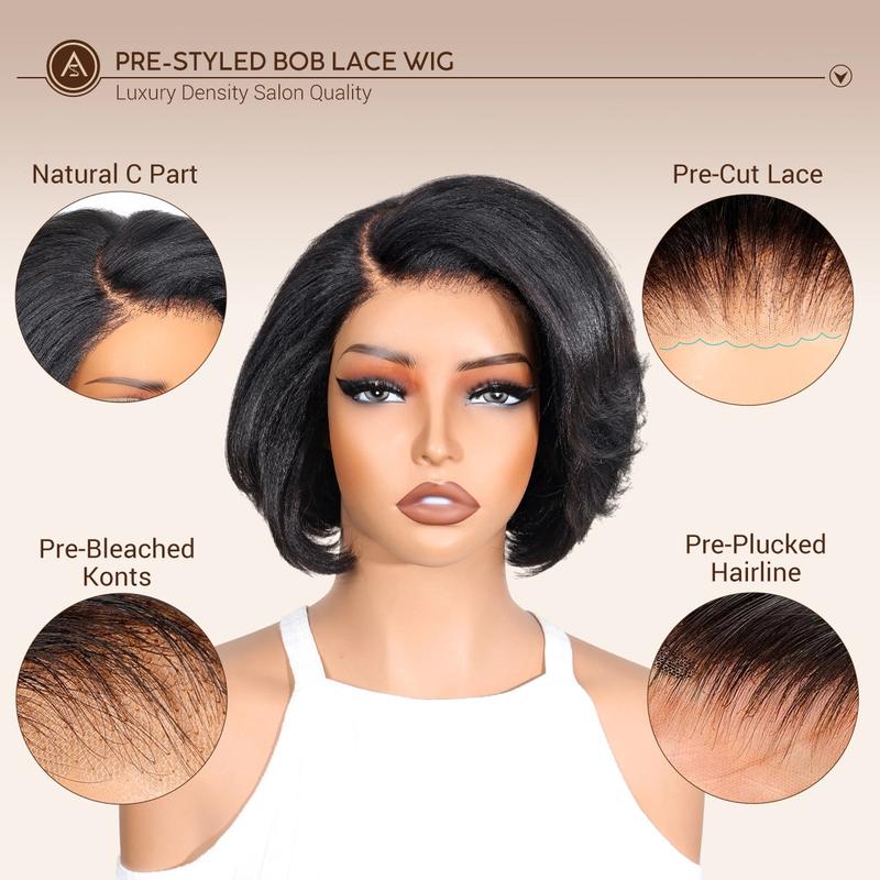 [New Arrival] Yaki Straight Layered Wig 6x4.5 Lace Closure Short Pixie Cut Wig for Black Women Silk Press Human Hair Bob Wig