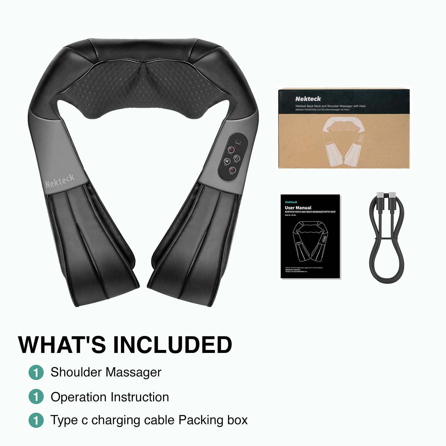 Nekteck Cordless Shiatsu Neck & Back Massager with Heat - 8 Nodes, 3 Intensity Levels, Rechargeable Battery, Ergonomic Design for Pain Relief