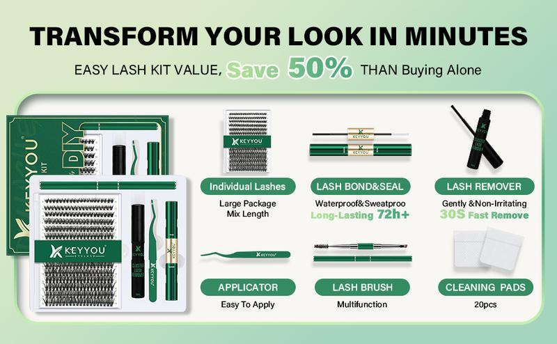 KEYYOU DIY Lash Extensions Kit Individual Lash Clusters Kit Volume Waterproof Long-Lasting Soft 300Pcs D Curl Easy to Use for Beginner TikTok Shop FebruaryFaves