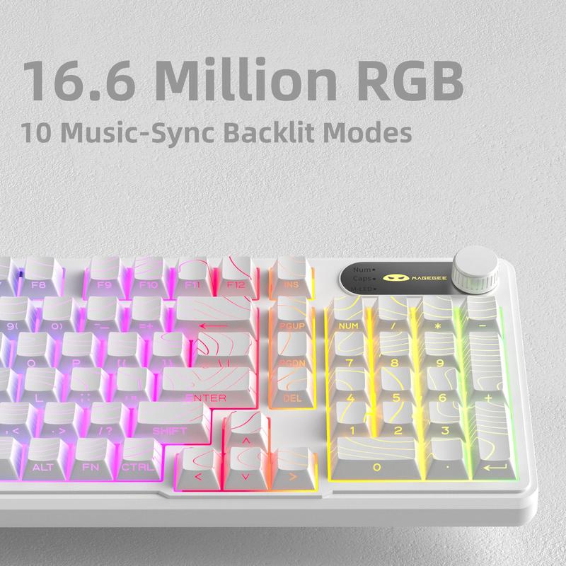 MageGee GK960 Wireless Gaming Keyboard RGB Tri-Mode Wired BT 2.4G Creamy with Number Pad 4000mAh Battery Knob Control Side Printed Keycaps 19-Key Anti-Ghosting for Win Mac White Pink White