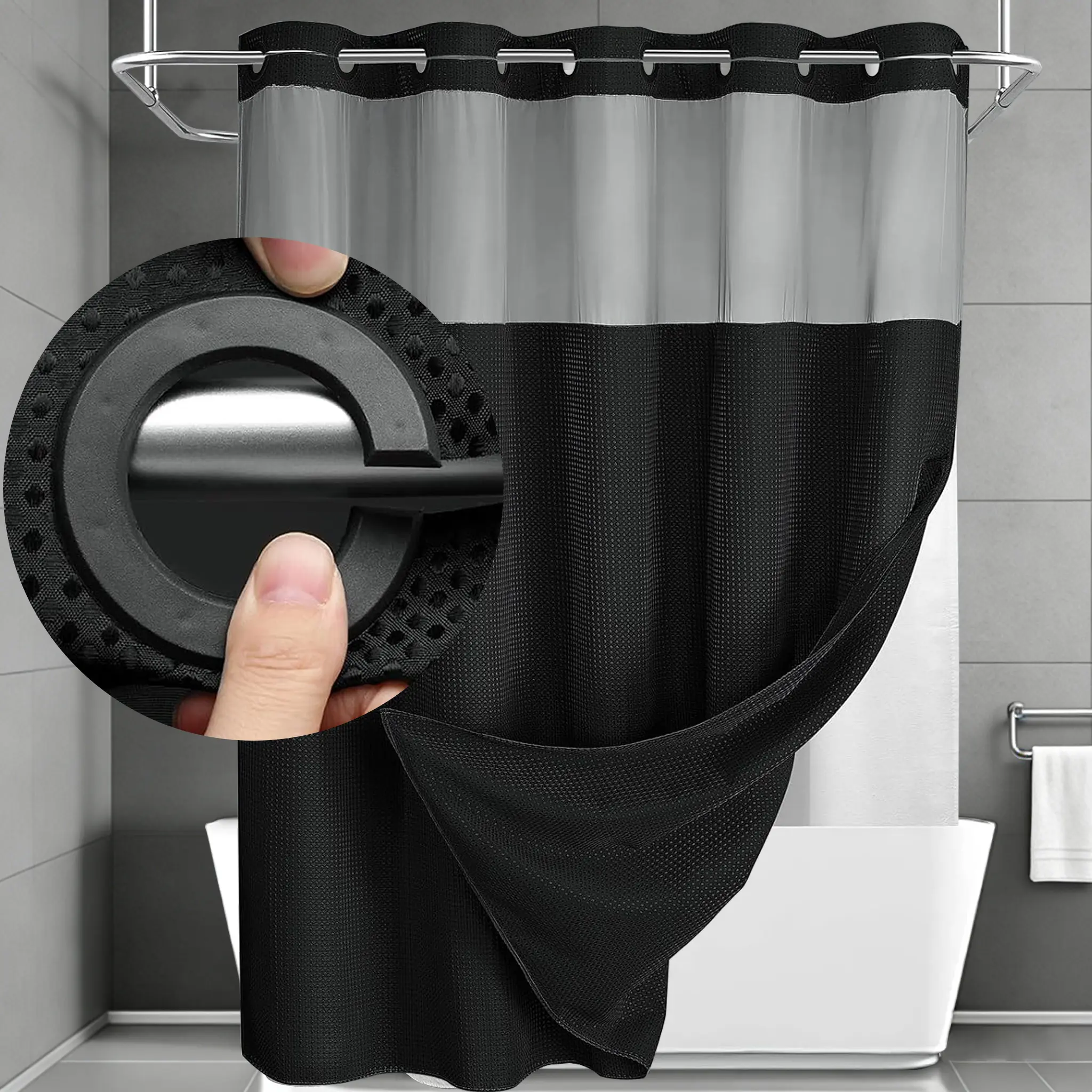 Black No-Hook Double Layer Waffle Weave Shower Curtain,  Water-Resistant Soft Fabric, Transparent Mesh Top Window & Removable Inner Liner, Stylish bathroom decor
