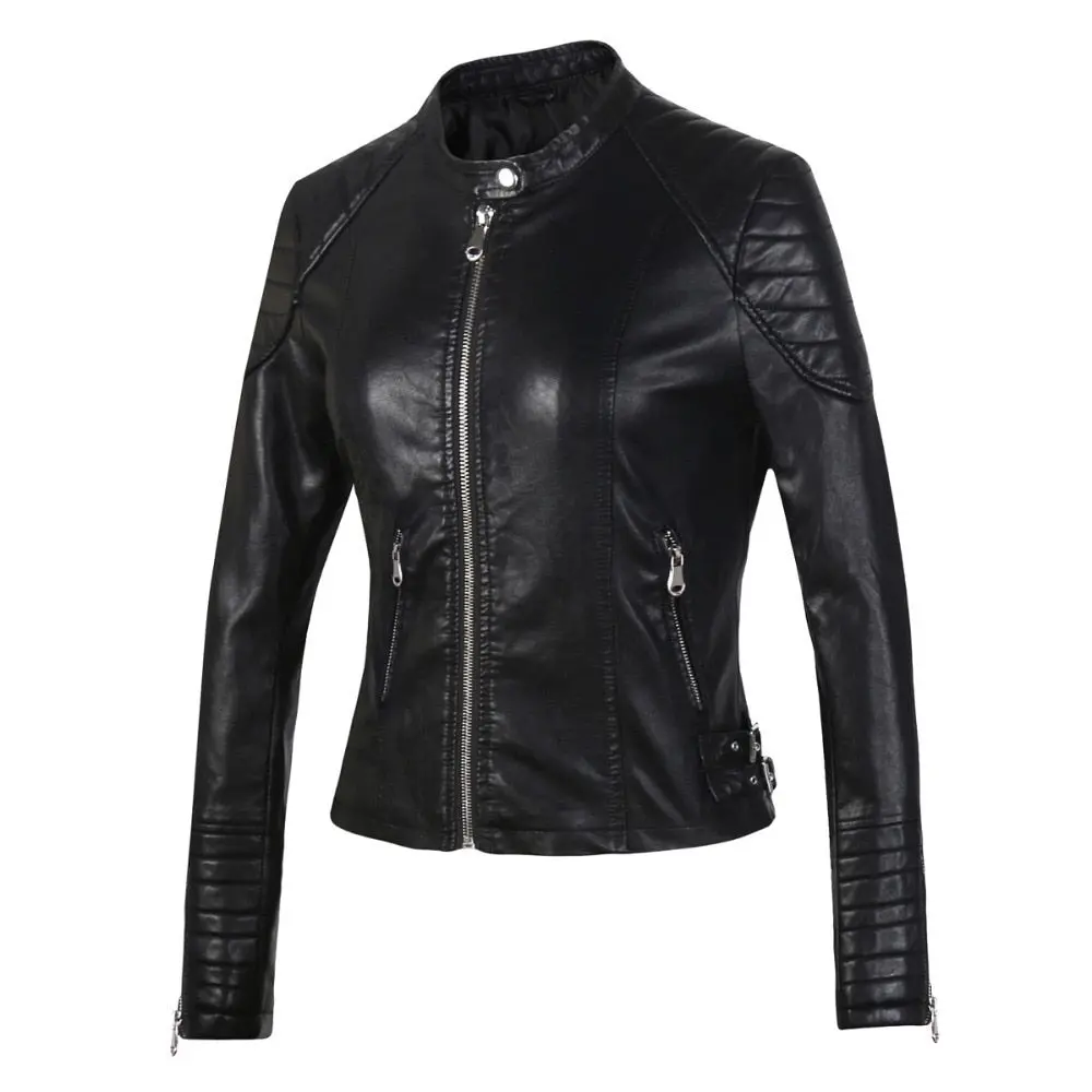Elegant Women Leather Biker Coat Winter Casual White Black Black