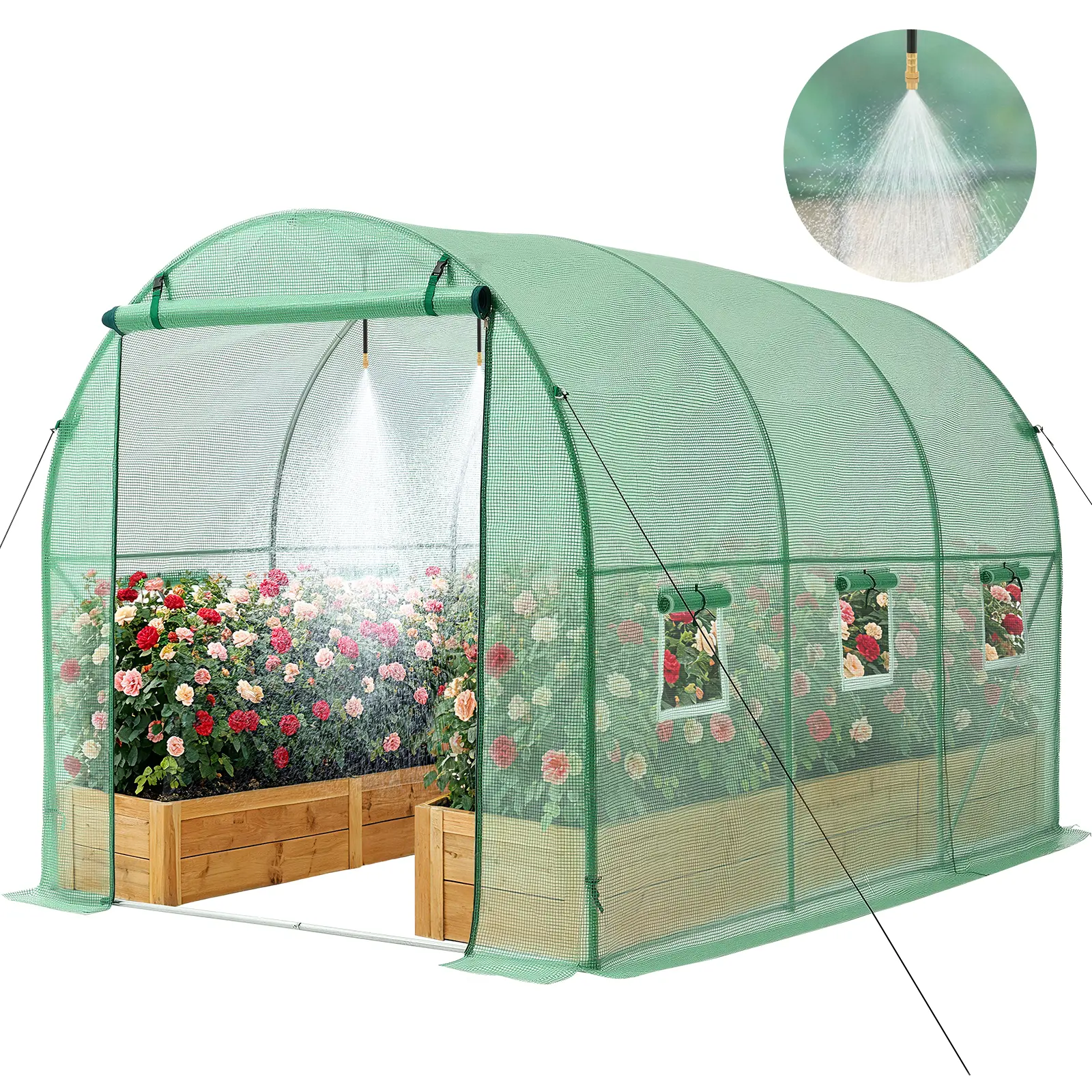 【SummerFinds】VEVOR Walk-in Tunnel Greenhouse, 10 x 7 x 7 ft Hoop House Greenhouse Tunnel, Plant Hot House with 4 Nozzles, 26.25 ft Hose, Steel Frame, PE Cover, Roll-up Zipper Door and 6 Windows for Outdoors, Green, Heavy Duty Greenhouse, Portable Green