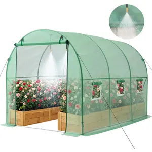 【FathersDayGift】VEVOR Walk-in Tunnel Greenhouse, 10 x 7 x 7 ft Hoop House Greenhouse Tunnel, Plant Hot House with 4 Nozzles, 26.25 ft Hose, Steel Frame, PE Cover, Roll-up Zipper Door and 6 Windows for Outdoors, Green