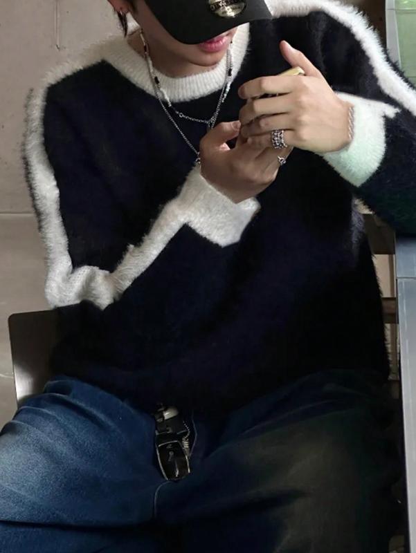 Sweaters for men - Men Loose Fit Contrast Knit Sweater Long Sleeve Crewneck for Fall Winter vacation clothes t shirts for men vintage clothing winter outfits y2k clothing sweater male clothes vacation outfit going out outfit y2k clothes outfits sweaters