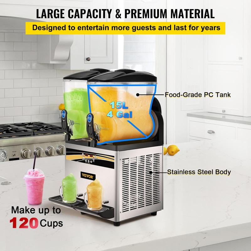 VEVOR Commercial Slushy Machine, 15Lx2 Tank Margarita Maker, 1000W Stainless Steel Smoothie Frozen Drink Maker for Supermarkets Cafes Restaurants Bars Home Use