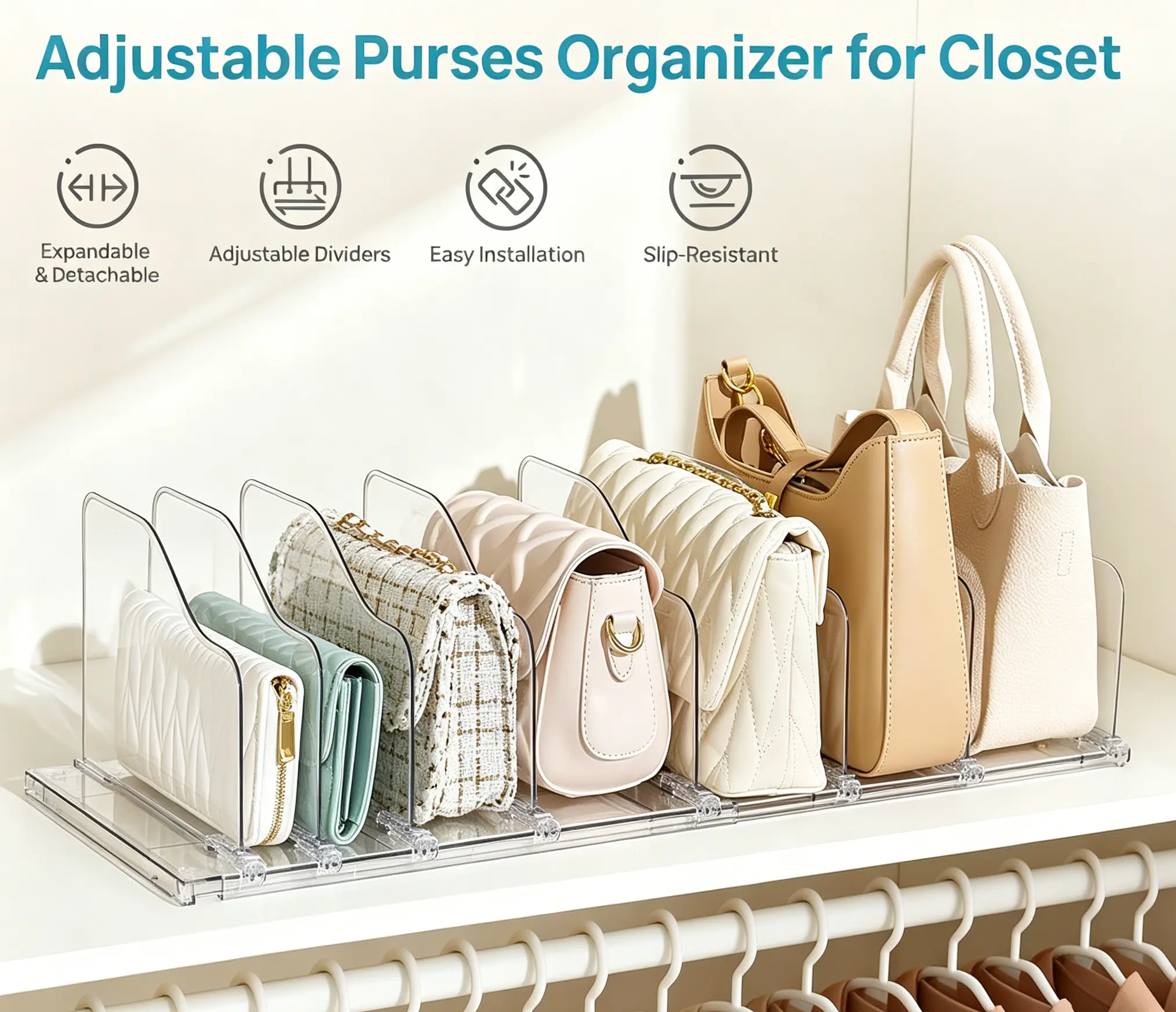 【Restock】Vtopmart Purse Station Free-Adjustable Purse Organizer for Closet with 2 Base, Clear Handbags Storage Organizer, Fits Different Bag Sizes & Closet Shelf, Expandable Plastic Shelf Dividers for Handbags,Wallets,Organization Hacks,DormRoomHacks