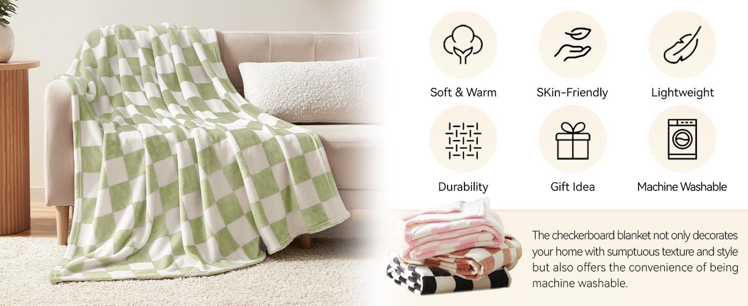 Homelike Moment Aesthetic Checkerboard Fleece Blanket, Khaki Soft Plush Throw for Couch, Bed & Sofa, Cozy Lightweight Flannel Decor