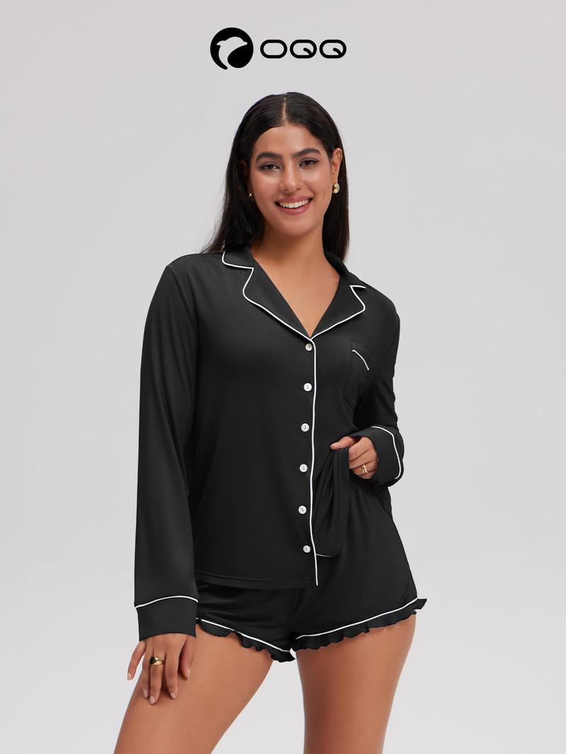 OQQ Women’s Comfy Two-Piece Button-Down Pajama Set – Long Sleeve & Ruffle Hem Shorts