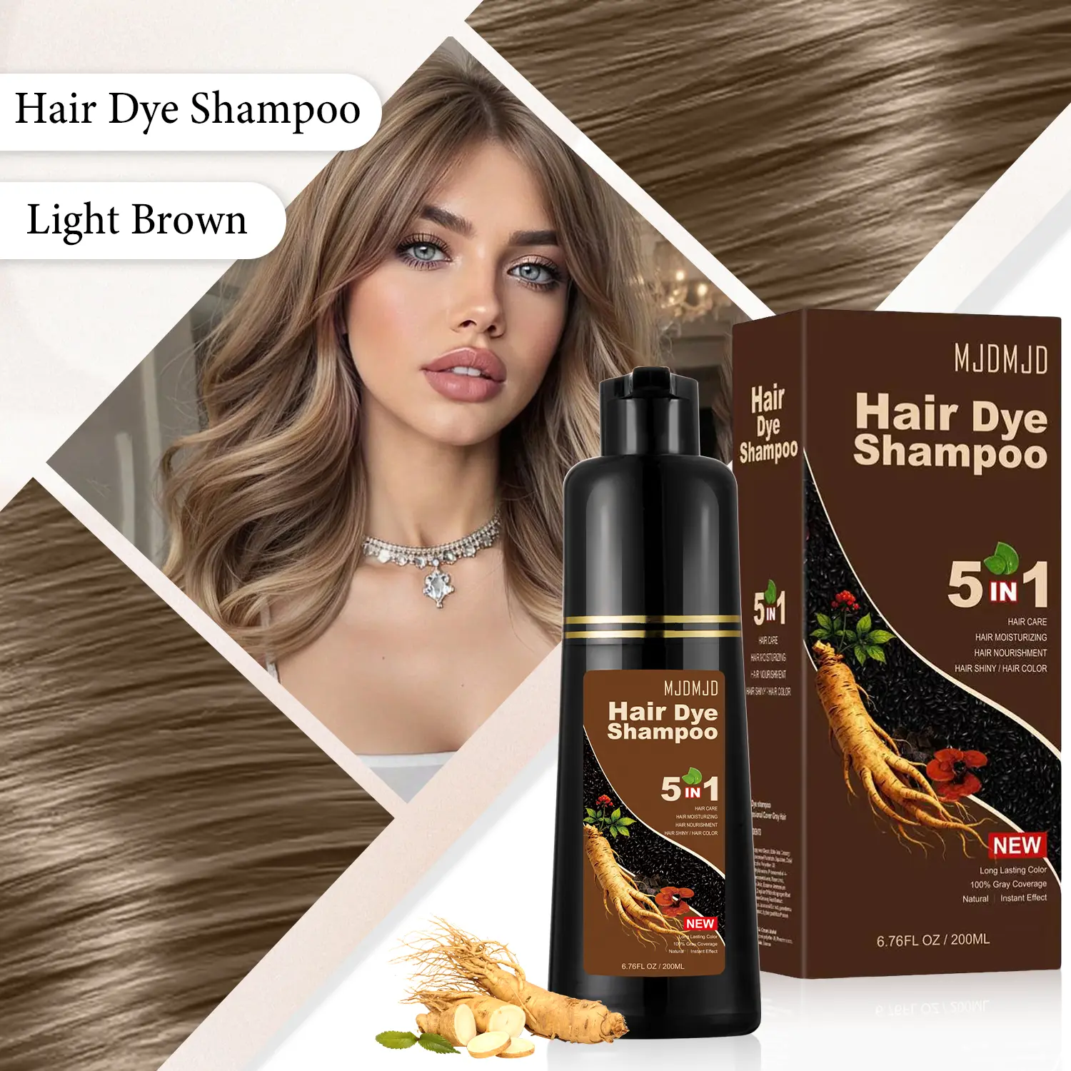 MJDMJD Light Brown Hair Dye Shampoo 5-in-1, Natural Herbal Hair Color Shampoo for Women & Men, Covers Gray Hair, Long-Lasting Semi-Permanent Color, Travel Size Root Touch Up, Champú Para Canas, Shampoo Para Pintar El Cabello, 200ml / 6.8 Fl Oz