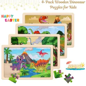 4-Pack Wooden Dinosaur Puzzles for Kids Ages 3-6 – 20-Piece Preschool Educational Jigsaw Boards, Montessori Learning Toys for Boys & Girls