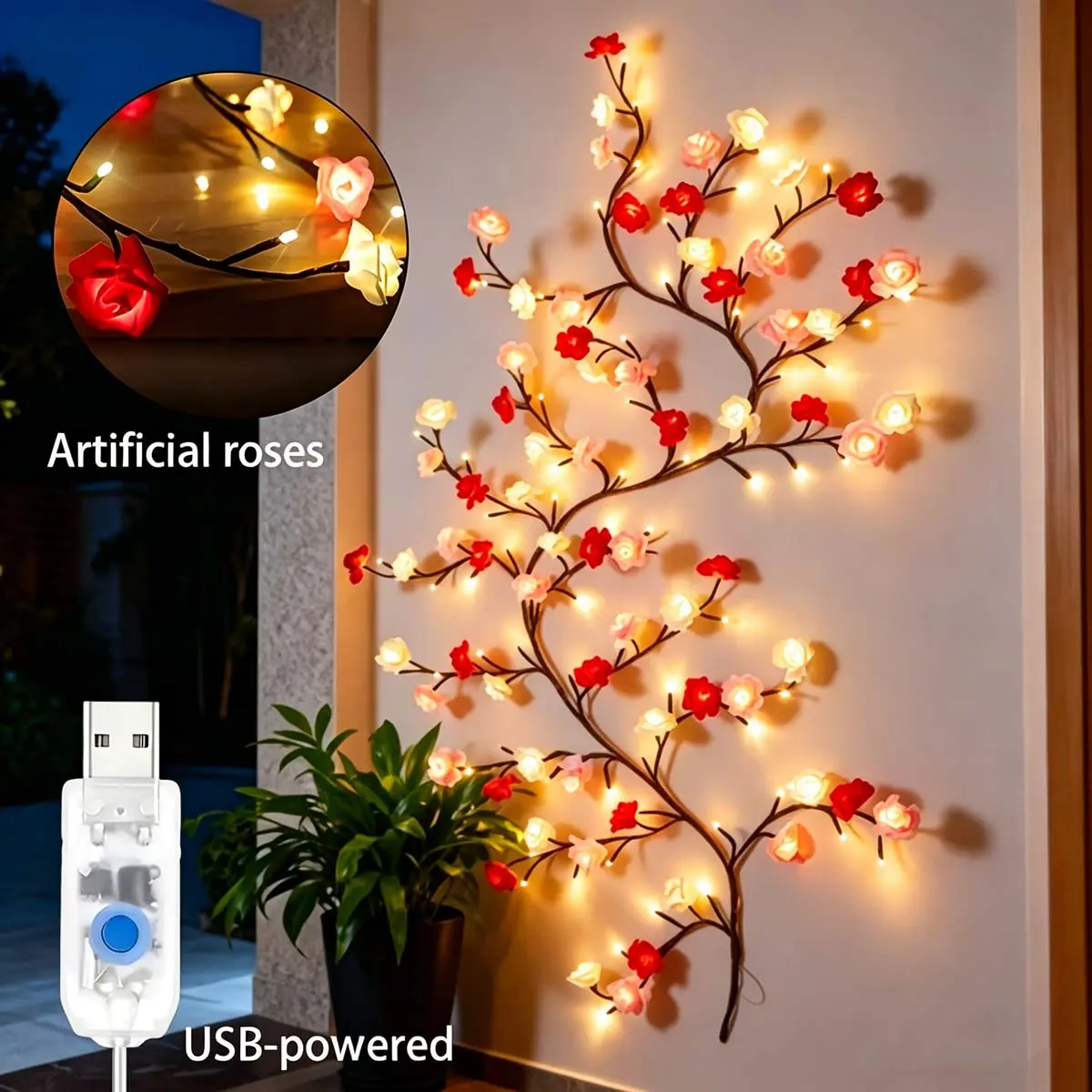 1.8M Rose Flower LED Tree Branch Lights for Wall Willow Vine Garland 8 Modes Indoor Outdoor Decorative Lights USB Plug-in Wall lamp for Home Garden Wedding Party, Ambient Lights Indoor, Branch Lights Indoor