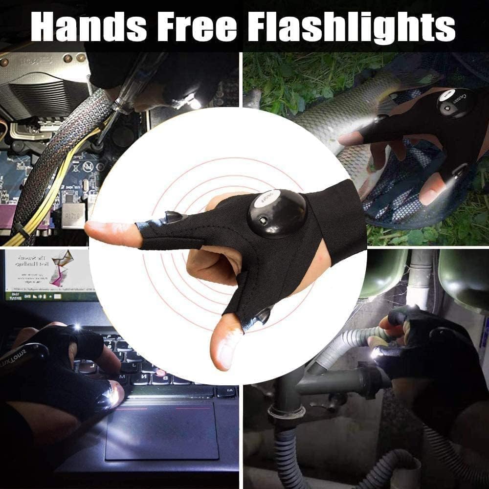 Pair of LED Half-Finger Waterproof Gloves with Flashlight- Durable Fingerless Gloves for Men & Women | OutdoorNight Fishing, Bait Prep, Cycling, Running, Camping