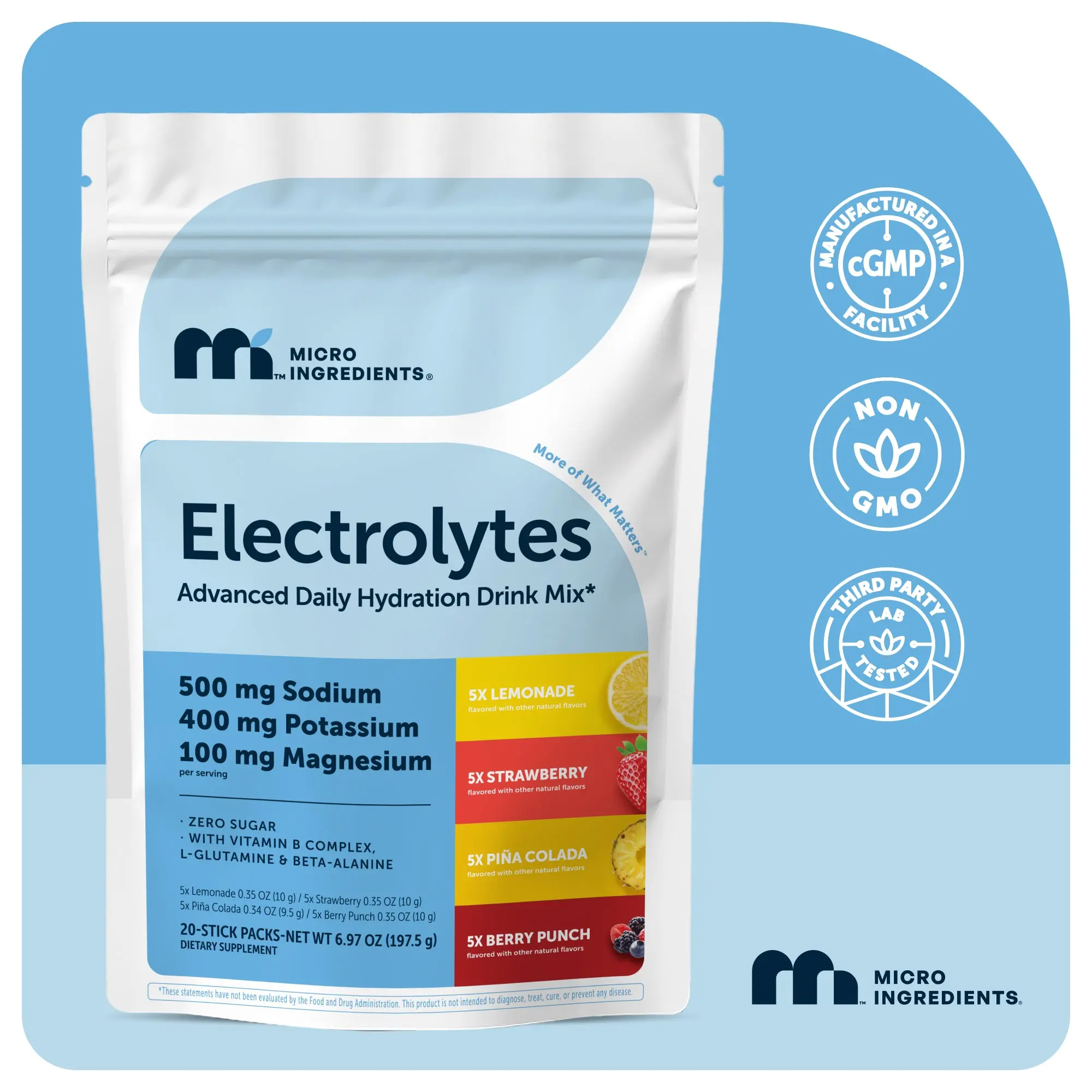 Micro Ingredients Variety Electrolyte Packets with 4 Flavors (Strawberry, Lemonade, Berry Punch, Pina Colada) | 6 Key Electrolytes, Minerals & Amino Acid, Sugar Free, Non GMO, 20 Servings