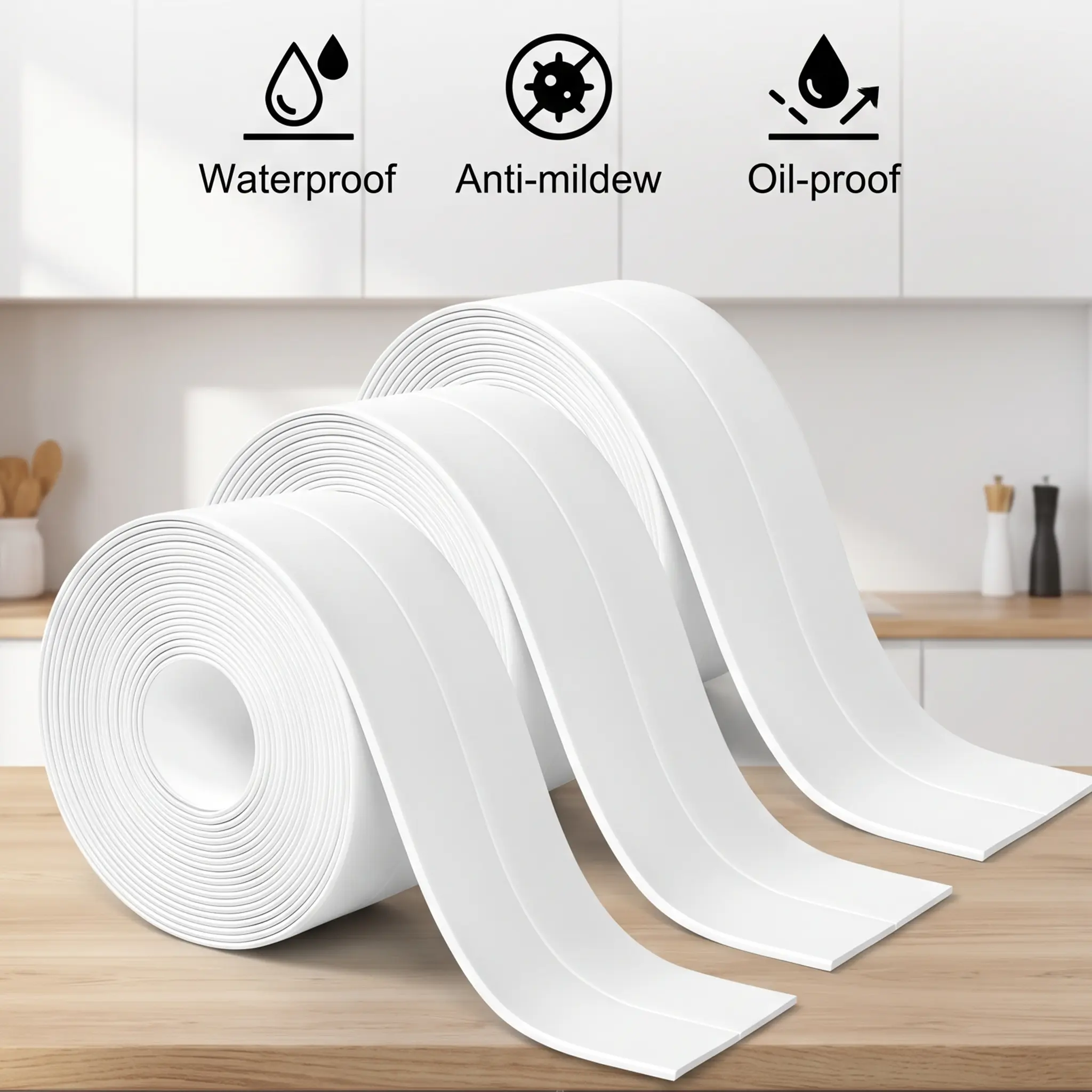 Self-Adhesive White PE Caulk Tape - 16.4ft Waterproof Seal Strip, Strong No-Residue Adhesive Seam Tape, Easy-Install Mold-Proof Kitchen Seal for Countertops, Sink
