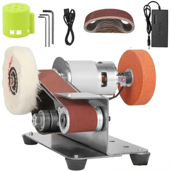 Mini Belt Sander Electric DIY with 7 Adjustable Speed Control, Small Grinder Sharpener Polisher Machine 110V with 10 Belts for Knife Making, Wood Metal Working, Handcraft