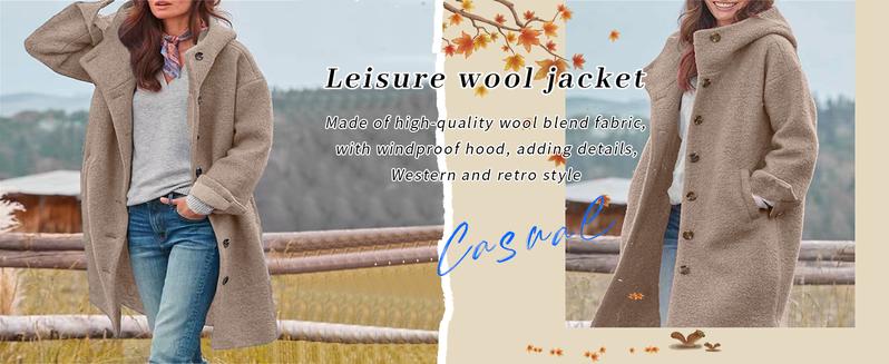 Chouyatou Women's Winter Single-Breasted Wool Coat Casual Wool Blend Hooded Long Trench Jacket